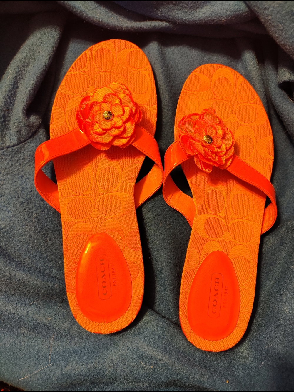 Coach Bright Orange Floral Logo Flip Flops
